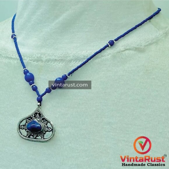 Handmade Minimalist Lapis Necklace, Beaded Chain Necklace, Handcrafted Gemstone - Picture 7 of 11